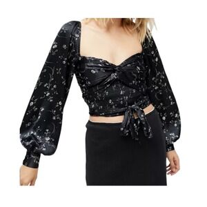 Black Satin Floral Puff Sleeve Smocked Crop Top Sweetheart M Romantic Whimsigoth